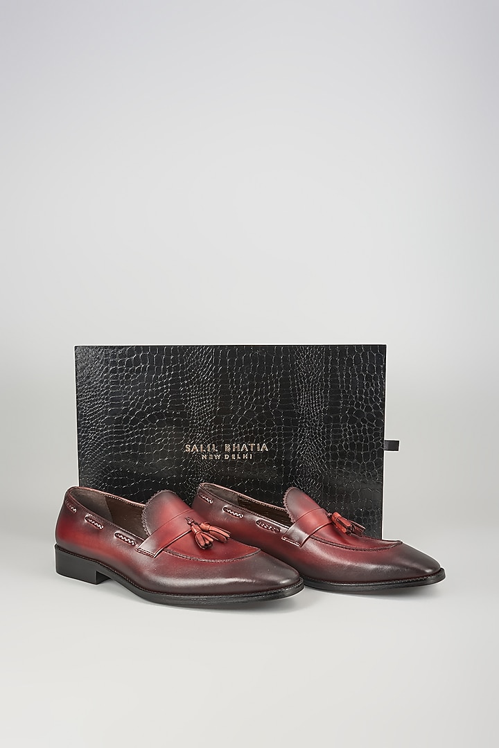 Red Full-Grain Leather Hand-Dyed Tassel Loafers by SALIL BHATIA at Pernia's Pop Up Shop