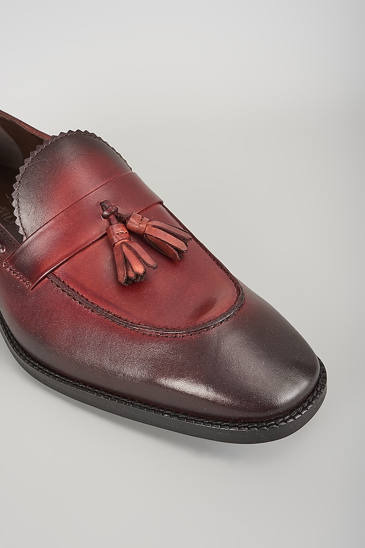Red Full-Grain Leather Hand-Dyed Tassel Loafers by SALIL BHATIA at Pernia's Pop Up Shop