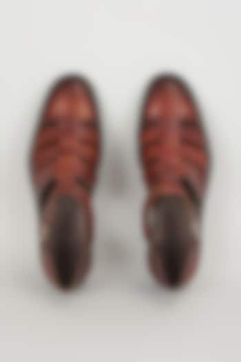 Brown Calf Leather Hand Patina Sandals by SALIL BHATIA at Pernia's Pop Up Shop