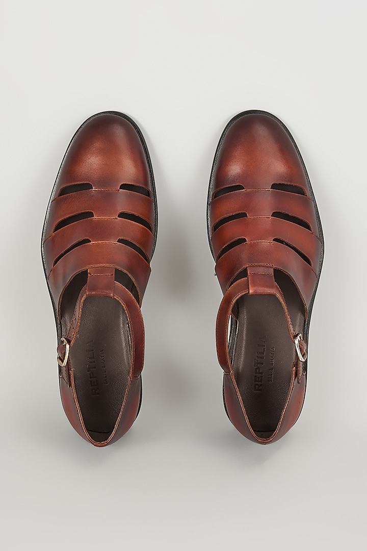 Brown Calf Leather Hand Patina Sandals by SALIL BHATIA at Pernia's Pop Up Shop