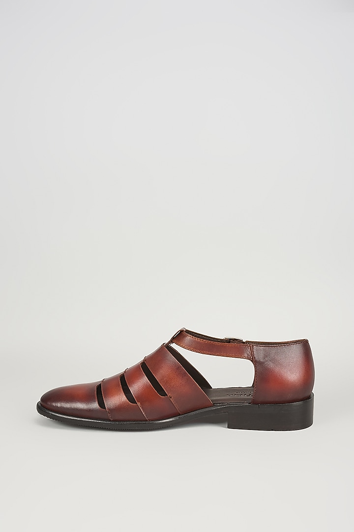 Brown Calf Leather Hand Patina Sandals by SALIL BHATIA at Pernia's Pop Up Shop