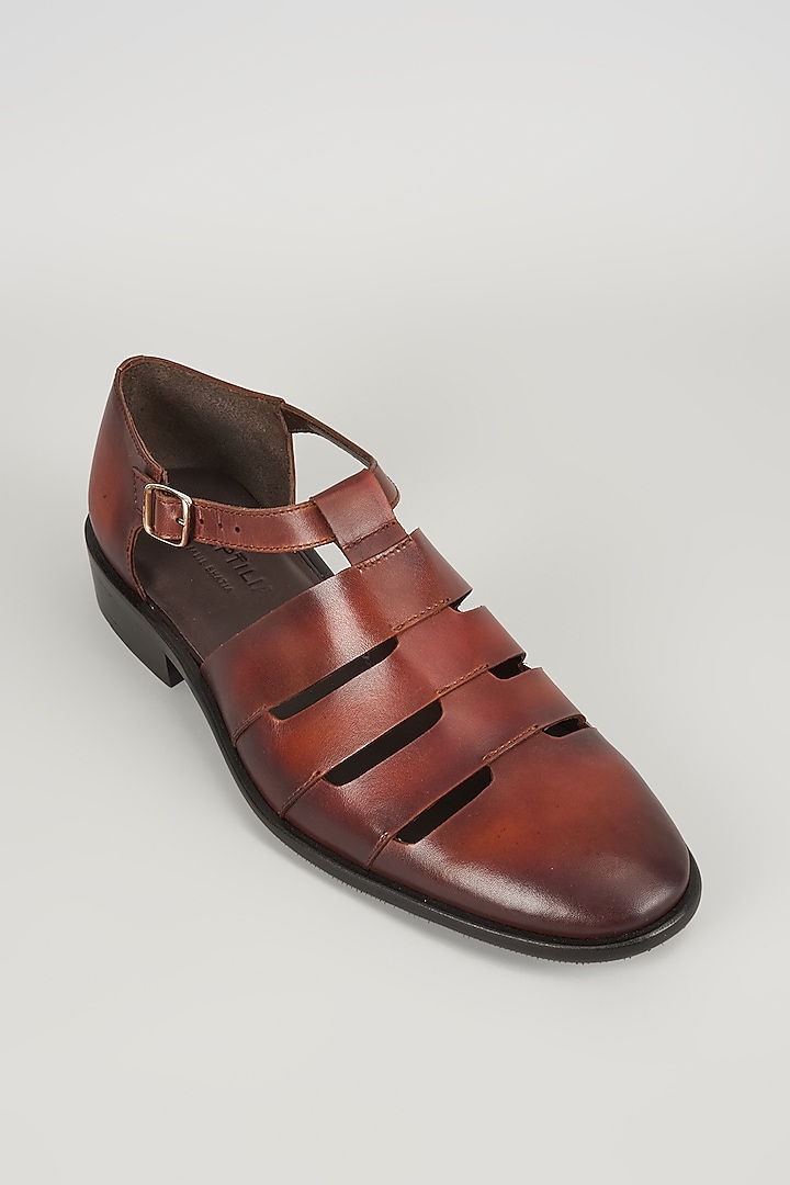 Brown Calf Leather Hand Patina Sandals by SALIL BHATIA at Pernia's Pop Up Shop