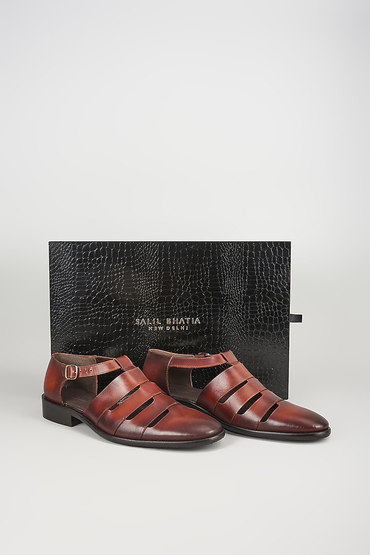 Brown Calf Leather Hand Patina Sandals by SALIL BHATIA at Pernia's Pop Up Shop