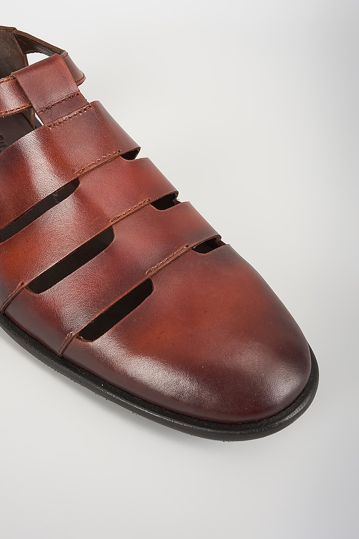 Brown Calf Leather Hand Patina Sandals by SALIL BHATIA at Pernia's Pop Up Shop
