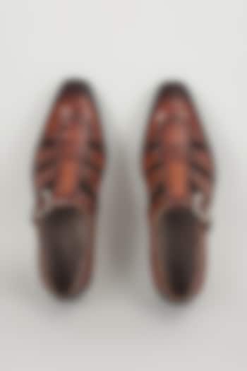 Tan Croc Embossed Leather Hand Patina Closed-Toe Sandals by SALIL BHATIA at Pernia's Pop Up Shop