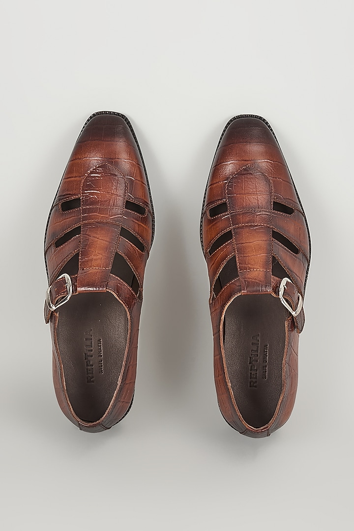 Tan Croc Embossed Leather Hand Patina Closed-Toe Sandals by SALIL BHATIA at Pernia's Pop Up Shop