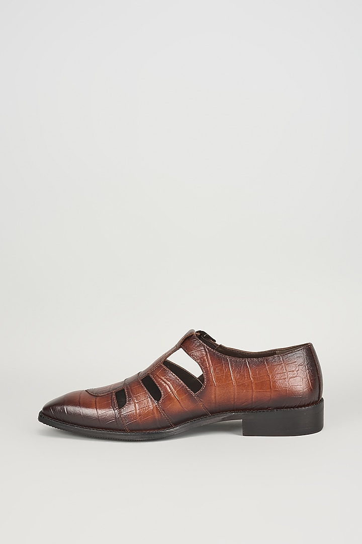 Tan Croc Embossed Leather Hand Patina Closed-Toe Sandals by SALIL BHATIA at Pernia's Pop Up Shop