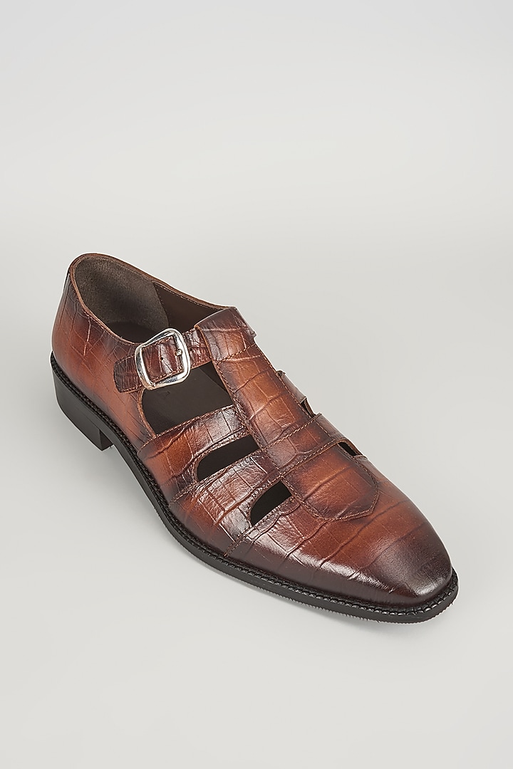 Tan Croc Embossed Leather Hand Patina Closed-Toe Sandals by SALIL BHATIA at Pernia's Pop Up Shop
