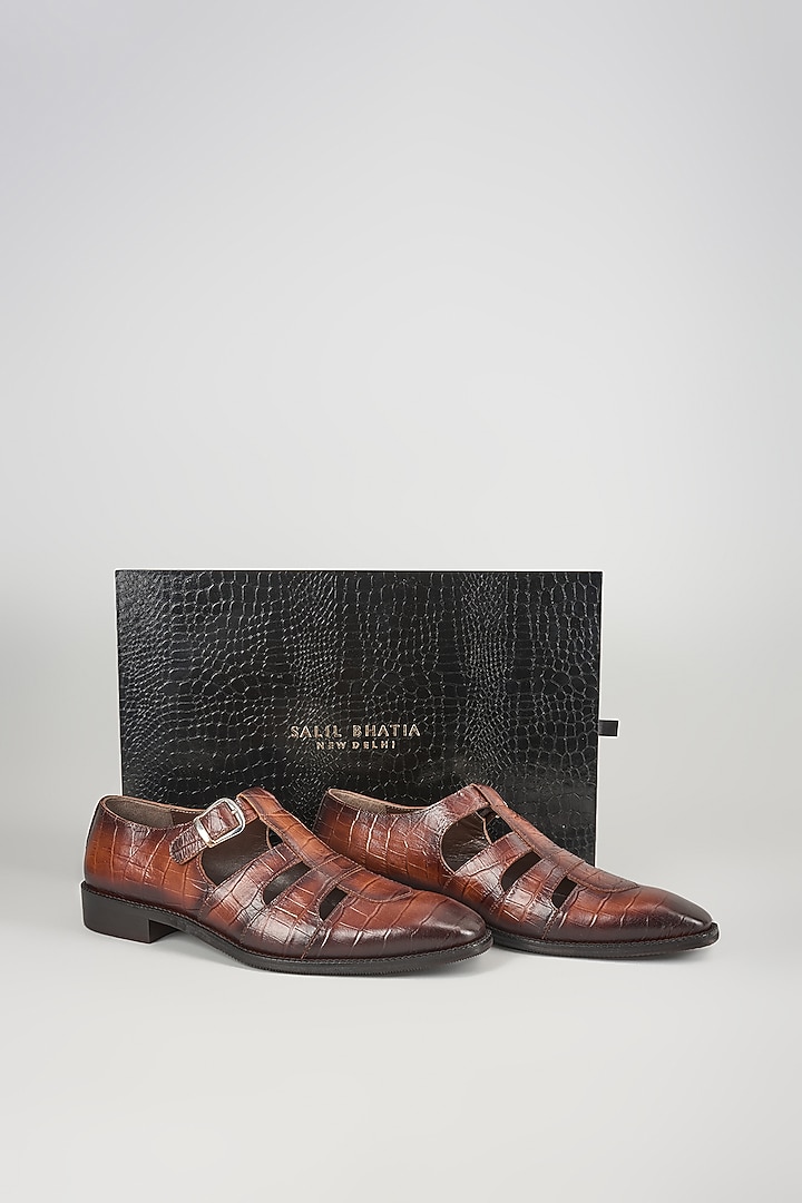 Tan Croc Embossed Leather Hand Patina Closed-Toe Sandals by SALIL BHATIA at Pernia's Pop Up Shop