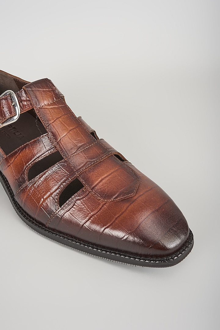 Tan Croc Embossed Leather Hand Patina Closed-Toe Sandals by SALIL BHATIA at Pernia's Pop Up Shop
