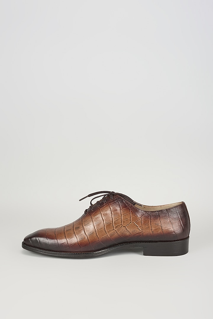 Beige & Black Croc Embossed Leather Hand Patina Oxford Shoes by SALIL BHATIA at Pernia's Pop Up Shop