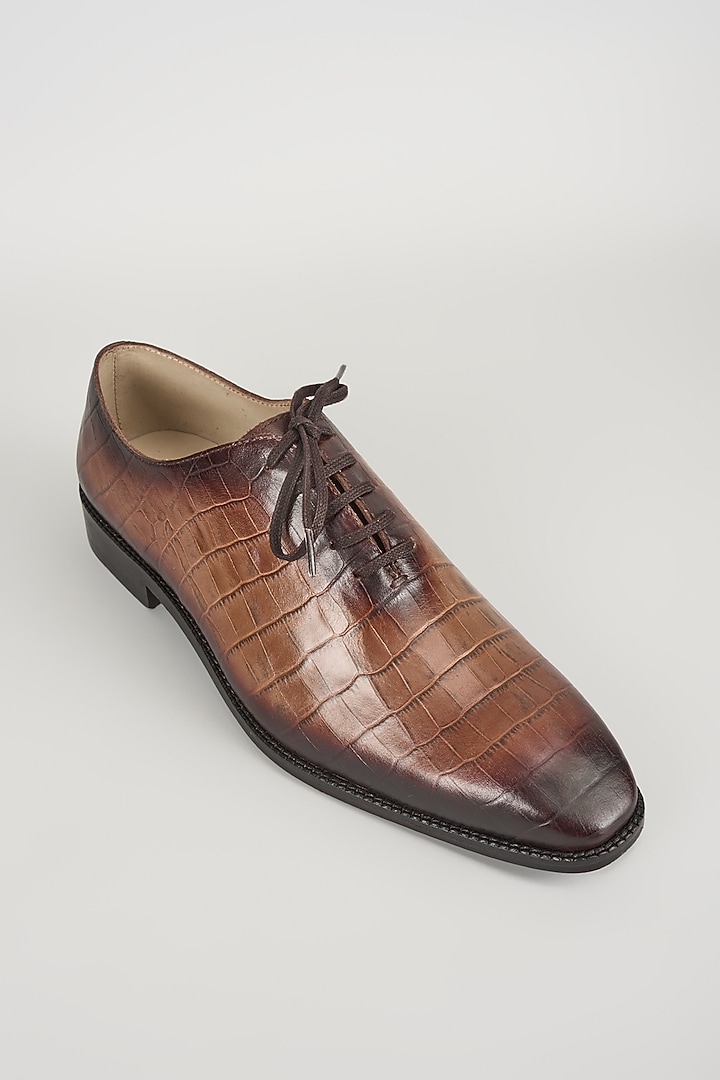Beige & Black Croc Embossed Leather Hand Patina Oxford Shoes by SALIL BHATIA at Pernia's Pop Up Shop