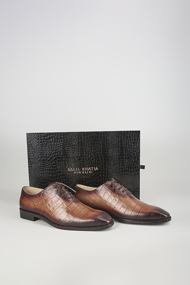 Beige & Black Croc Embossed Leather Hand Patina Oxford Shoes by SALIL BHATIA at Pernia's Pop Up Shop