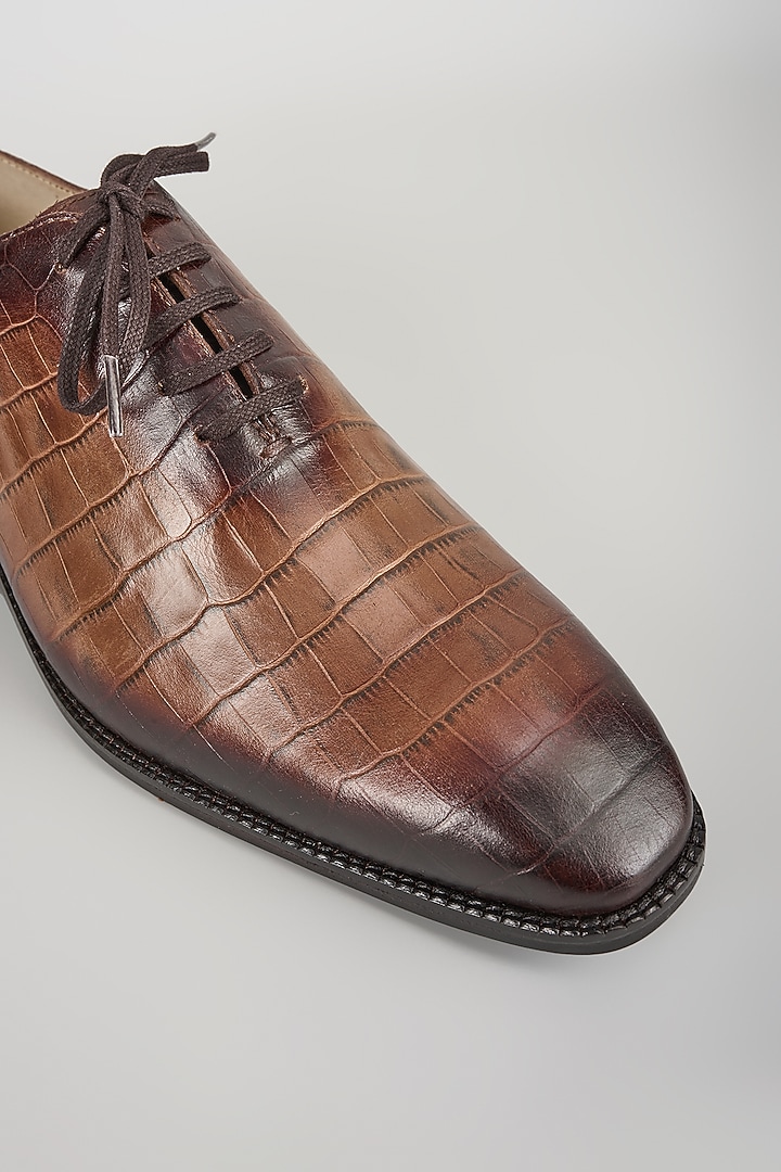 Beige & Black Croc Embossed Leather Hand Patina Oxford Shoes by SALIL BHATIA at Pernia's Pop Up Shop