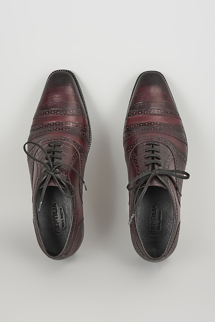 Burgundy Croc Embossed Leather Hand Patina Brogue Oxford Shoes by SALIL BHATIA at Pernia's Pop Up Shop