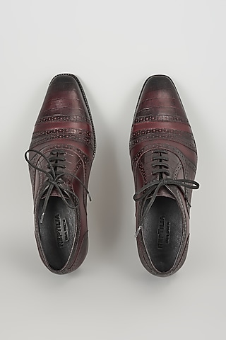 Burgundy Croc Embossed Leather Hand Patina Brogue Oxford Shoes by SALIL BHATIA
