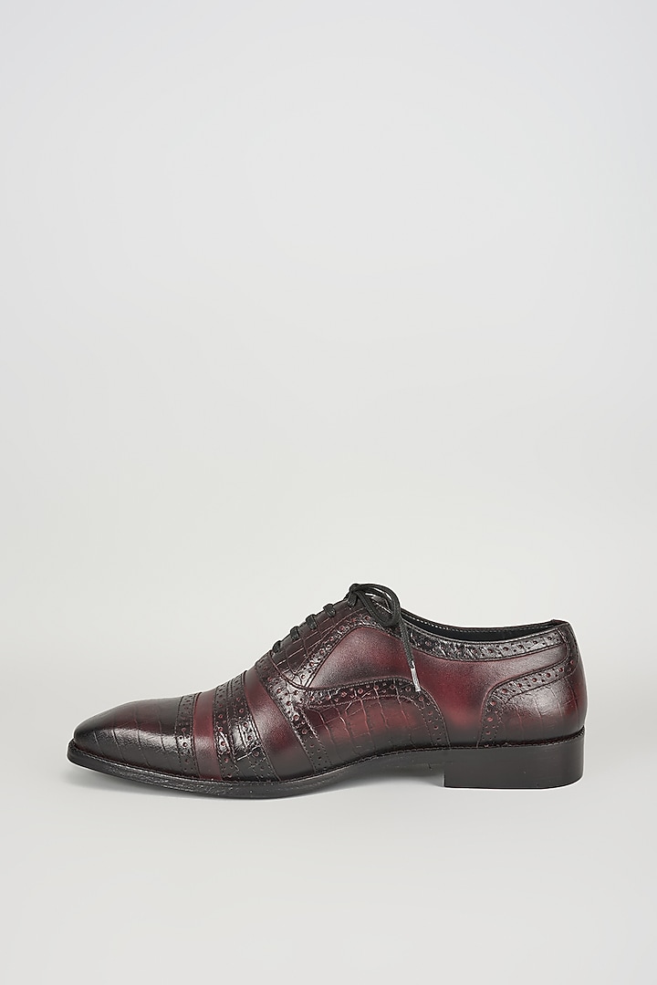 Burgundy Croc Embossed Leather Hand Patina Brogue Oxford Shoes by SALIL BHATIA at Pernia's Pop Up Shop