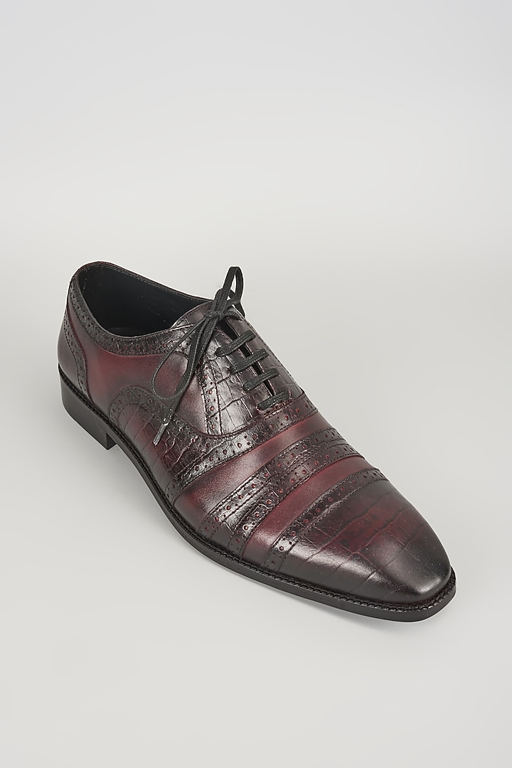 Burgundy Croc Embossed Leather Hand Patina Brogue Oxford Shoes by SALIL BHATIA at Pernia's Pop Up Shop
