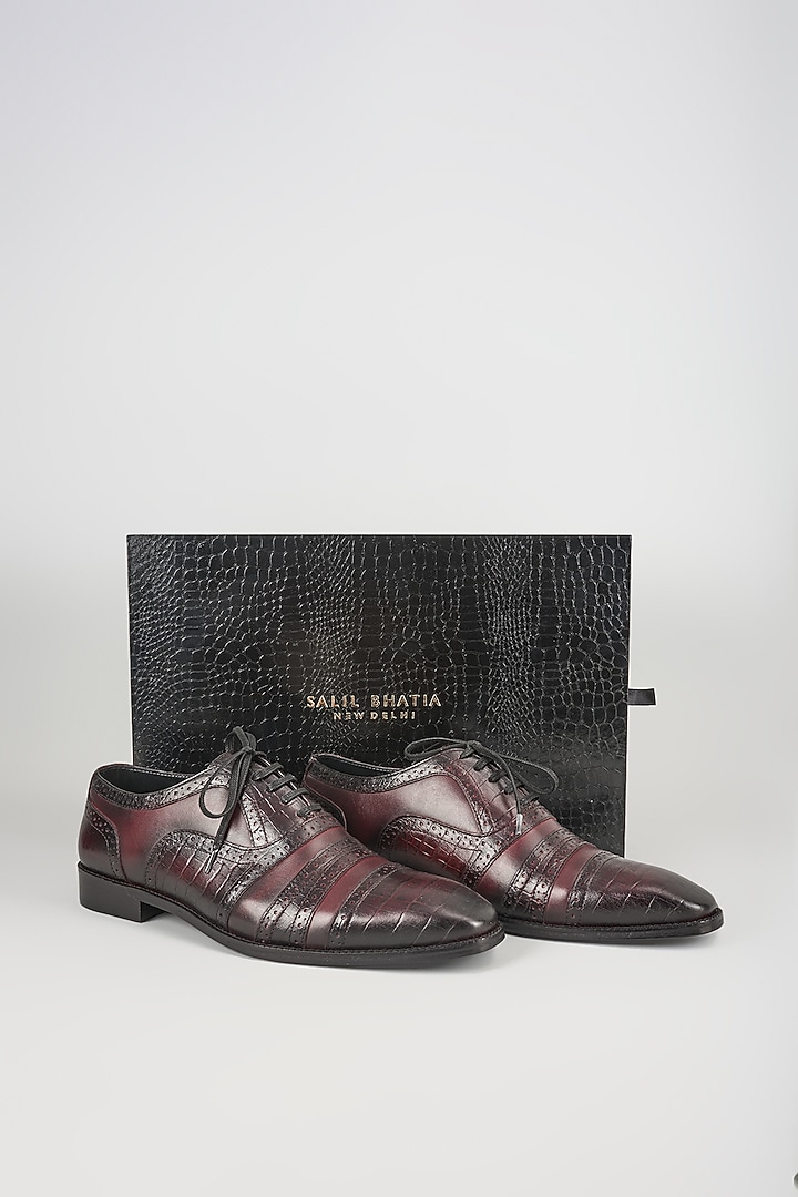Burgundy Croc Embossed Leather Hand Patina Brogue Oxford Shoes by SALIL BHATIA at Pernia's Pop Up Shop