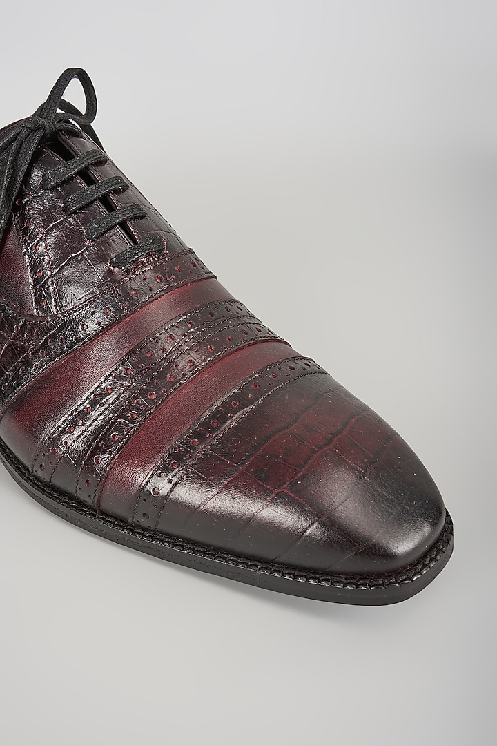 Burgundy Croc Embossed Leather Hand Patina Brogue Oxford Shoes by SALIL BHATIA at Pernia's Pop Up Shop