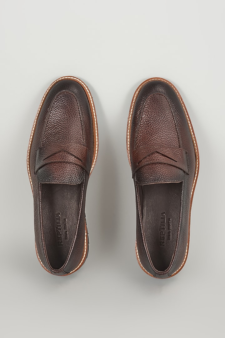 Chocolate Brown Pebbled Leather Loafers by SALIL BHATIA at Pernia's Pop Up Shop