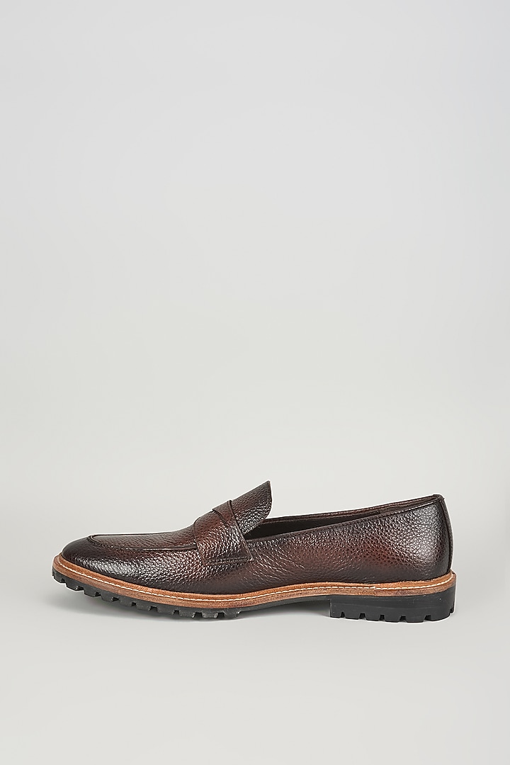Chocolate Brown Pebbled Leather Loafers by SALIL BHATIA at Pernia's Pop Up Shop