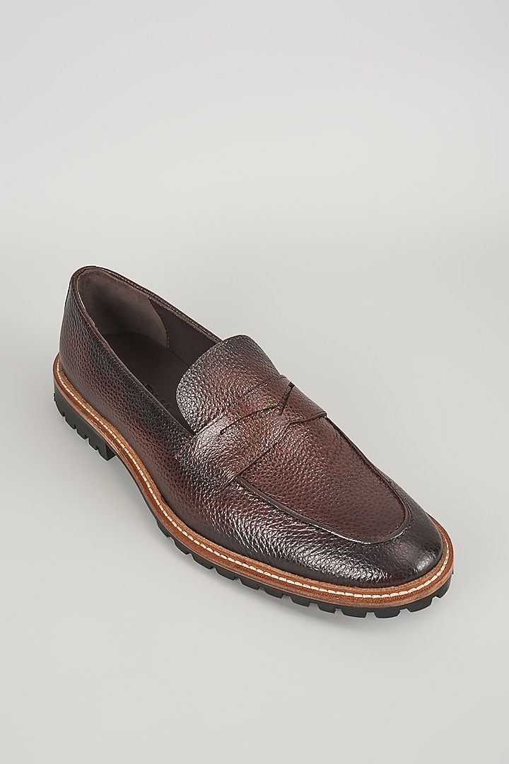 Chocolate Brown Pebbled Leather Loafers by SALIL BHATIA at Pernia's Pop Up Shop