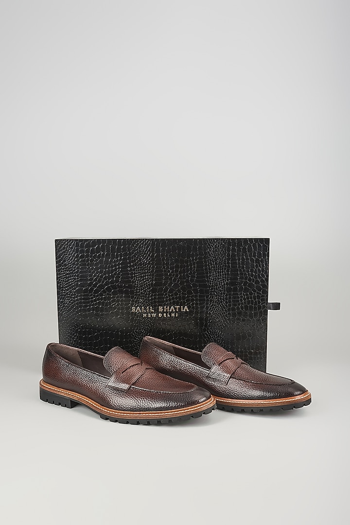 Chocolate Brown Pebbled Leather Loafers by SALIL BHATIA at Pernia's Pop Up Shop