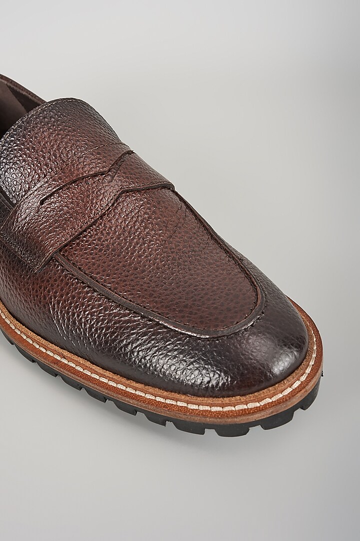 Chocolate Brown Pebbled Leather Loafers by SALIL BHATIA at Pernia's Pop Up Shop
