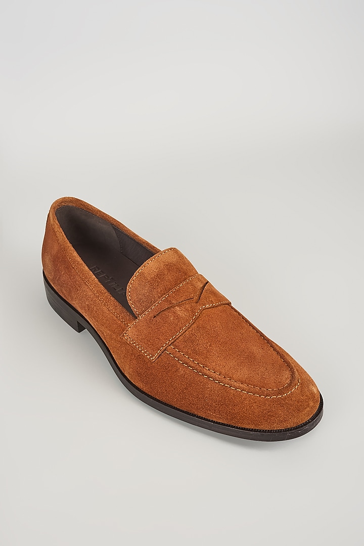 Tan Suede & Leather Penny Loafers by SALIL BHATIA at Pernia's Pop Up Shop