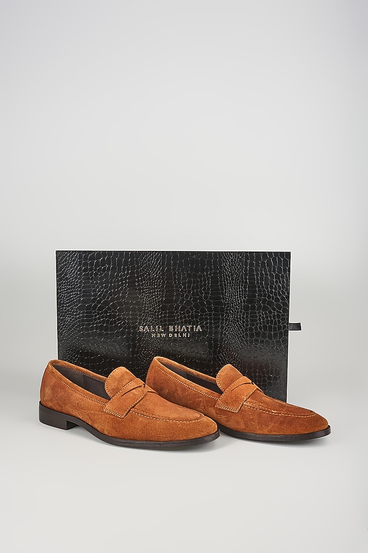 Tan Suede & Leather Penny Loafers by SALIL BHATIA at Pernia's Pop Up Shop