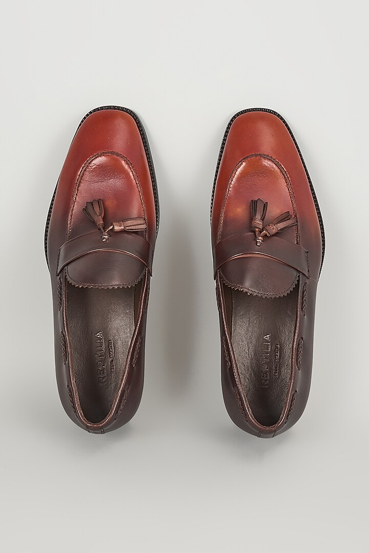 Orange & Black Ombre Full-Grain Leather Hand Patina Tassel Loafers by SALIL BHATIA at Pernia's Pop Up Shop