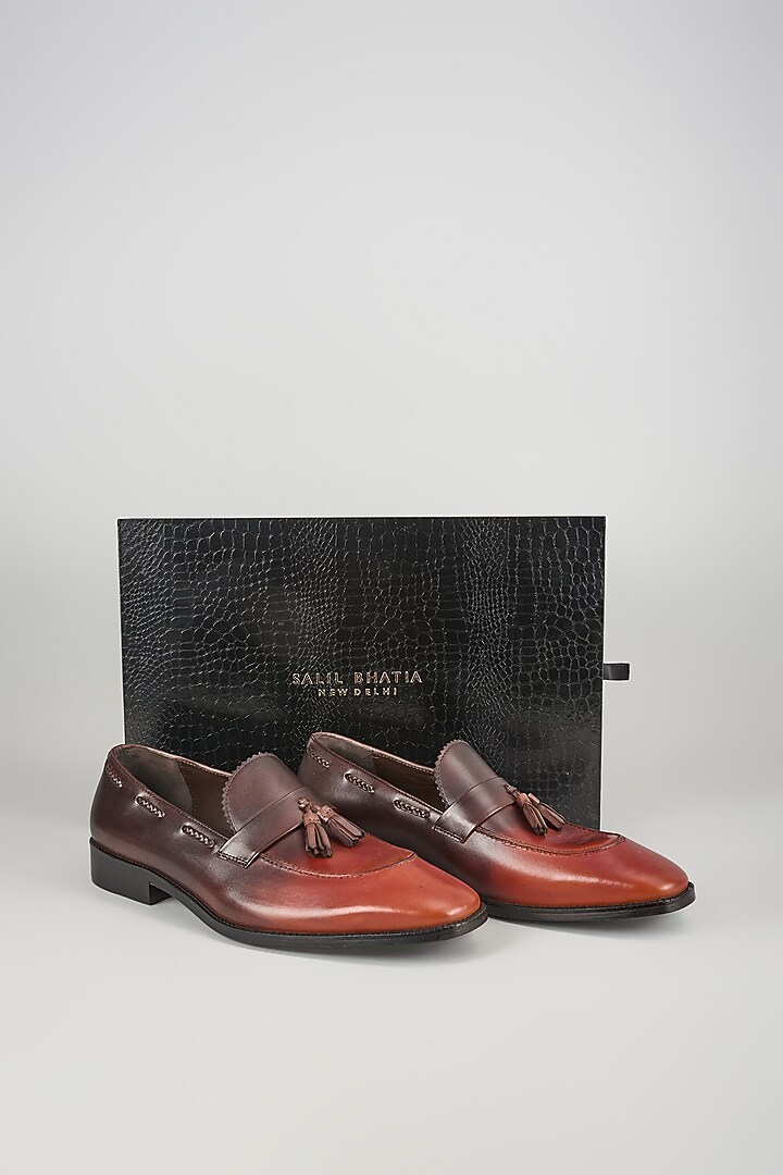 Orange & Black Ombre Full-Grain Leather Hand Patina Tassel Loafers by SALIL BHATIA at Pernia's Pop Up Shop