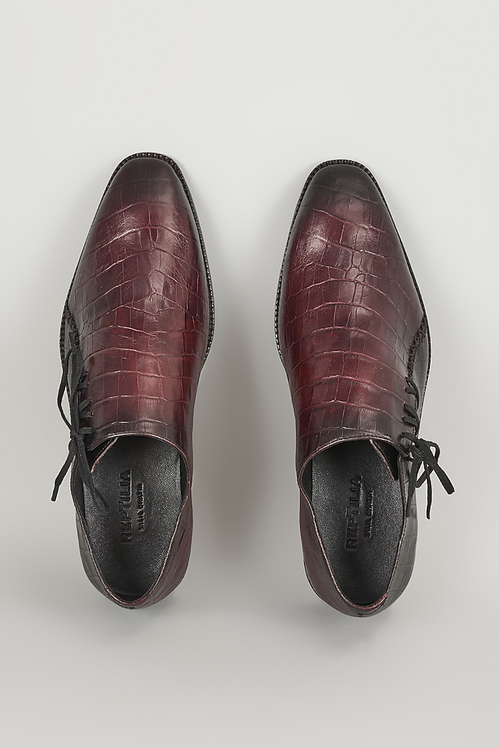 Burgundy & Black Croc Embossed Leather Hand Patina Oxford Shoes by SALIL BHATIA at Pernia's Pop Up Shop