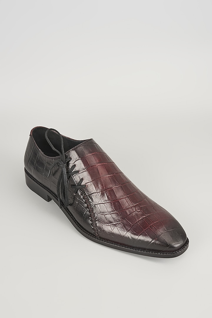 Burgundy & Black Croc Embossed Leather Hand Patina Oxford Shoes by SALIL BHATIA at Pernia's Pop Up Shop