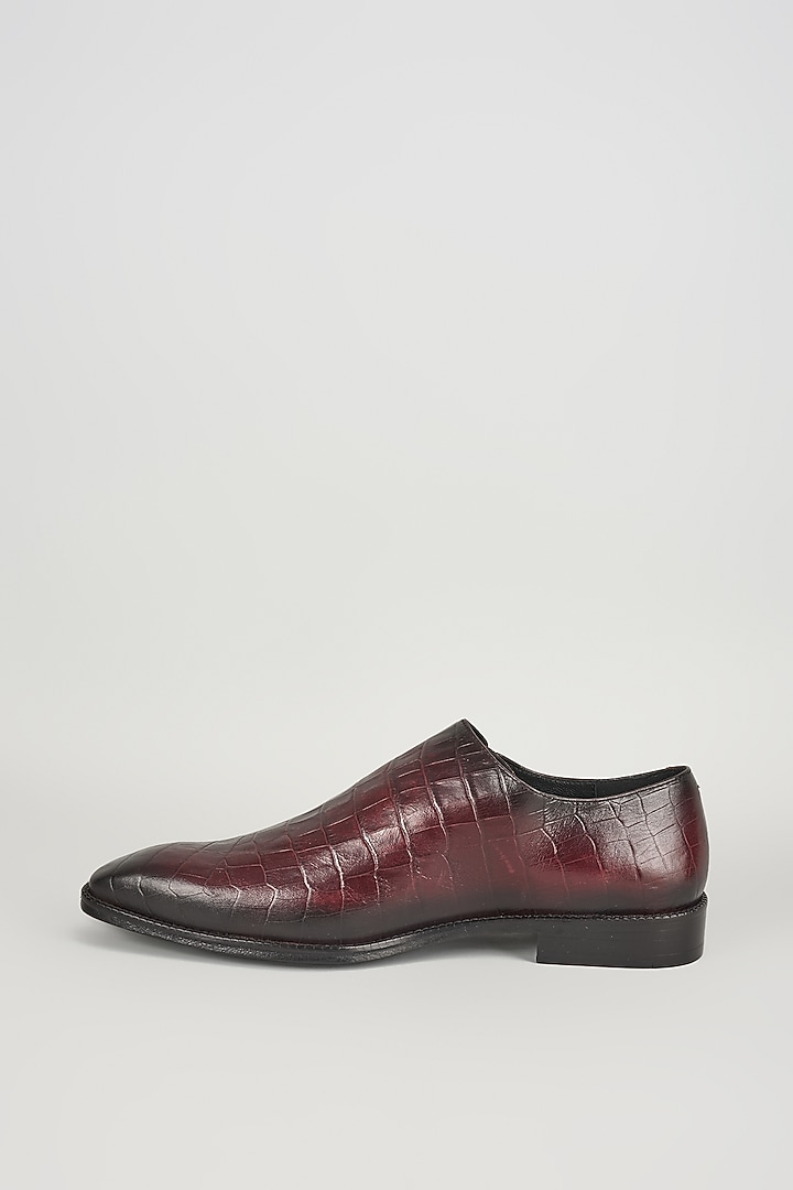 Burgundy & Black Croc Embossed Leather Hand Patina Oxford Shoes by SALIL BHATIA at Pernia's Pop Up Shop