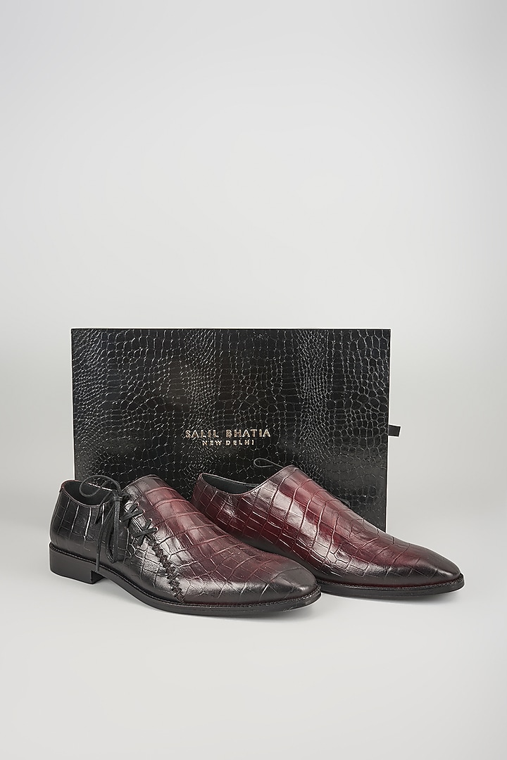 Burgundy & Black Croc Embossed Leather Hand Patina Oxford Shoes by SALIL BHATIA at Pernia's Pop Up Shop