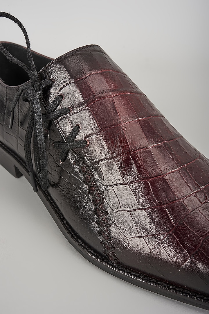 Burgundy & Black Croc Embossed Leather Hand Patina Oxford Shoes by SALIL BHATIA at Pernia's Pop Up Shop