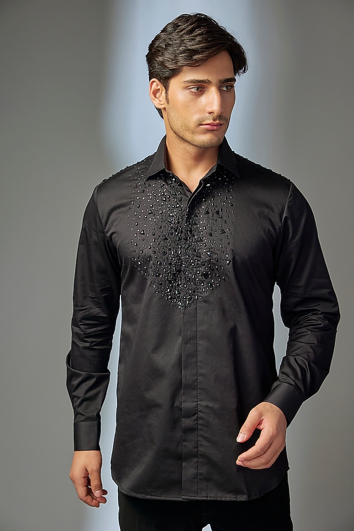 Black Giza Cotton Hand Embroidered Wedding Shirt by SALIL BHATIA at Pernia's Pop Up Shop
