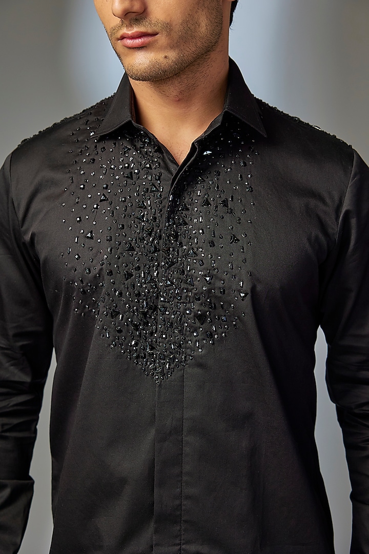 Black Giza Cotton Hand Embroidered Wedding Shirt by SALIL BHATIA at Pernia's Pop Up Shop