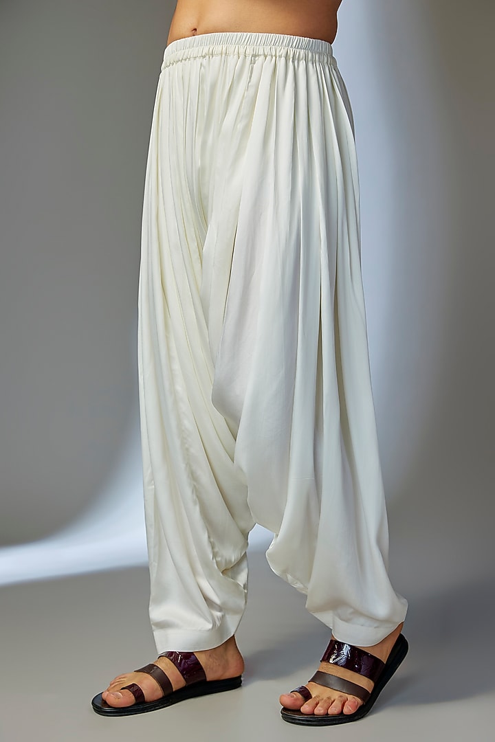 Ivory Modal Satin Pre-Draped Cowl Salwar by SALIL BHATIA at Pernia's Pop Up Shop