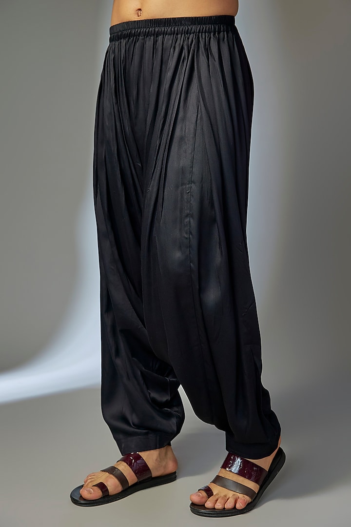 Black Modal Satin Pre-Draped Cowl Salwar by SALIL BHATIA at Pernia's Pop Up Shop