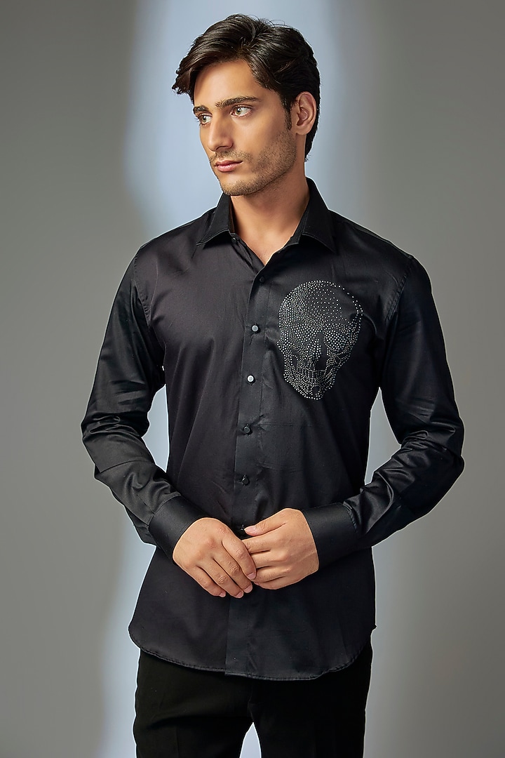 Black Giza Cotton Skull Embellished Party Wear Shirt by SALIL BHATIA at Pernia's Pop Up Shop