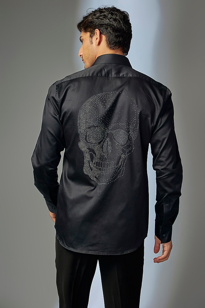 Black Giza Cotton Skull Embellished Party Wear Shirt by SALIL BHATIA at Pernia's Pop Up Shop