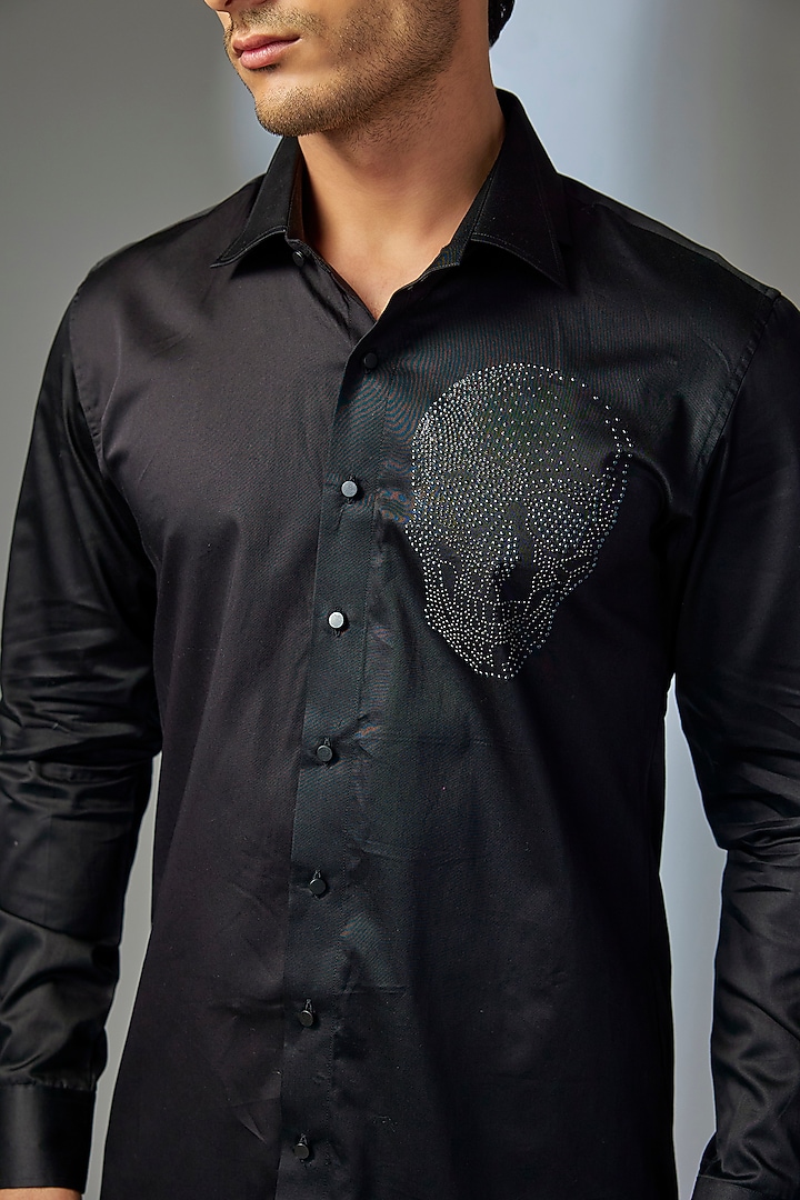 Black Giza Cotton Skull Embellished Party Wear Shirt by SALIL BHATIA at Pernia's Pop Up Shop