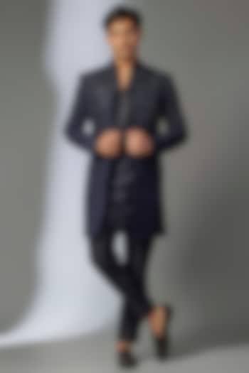 Dark Blue Dola Silk Cutdana Embroidered Groom Indowestern Set by SALIL BHATIA at Pernia's Pop Up Shop