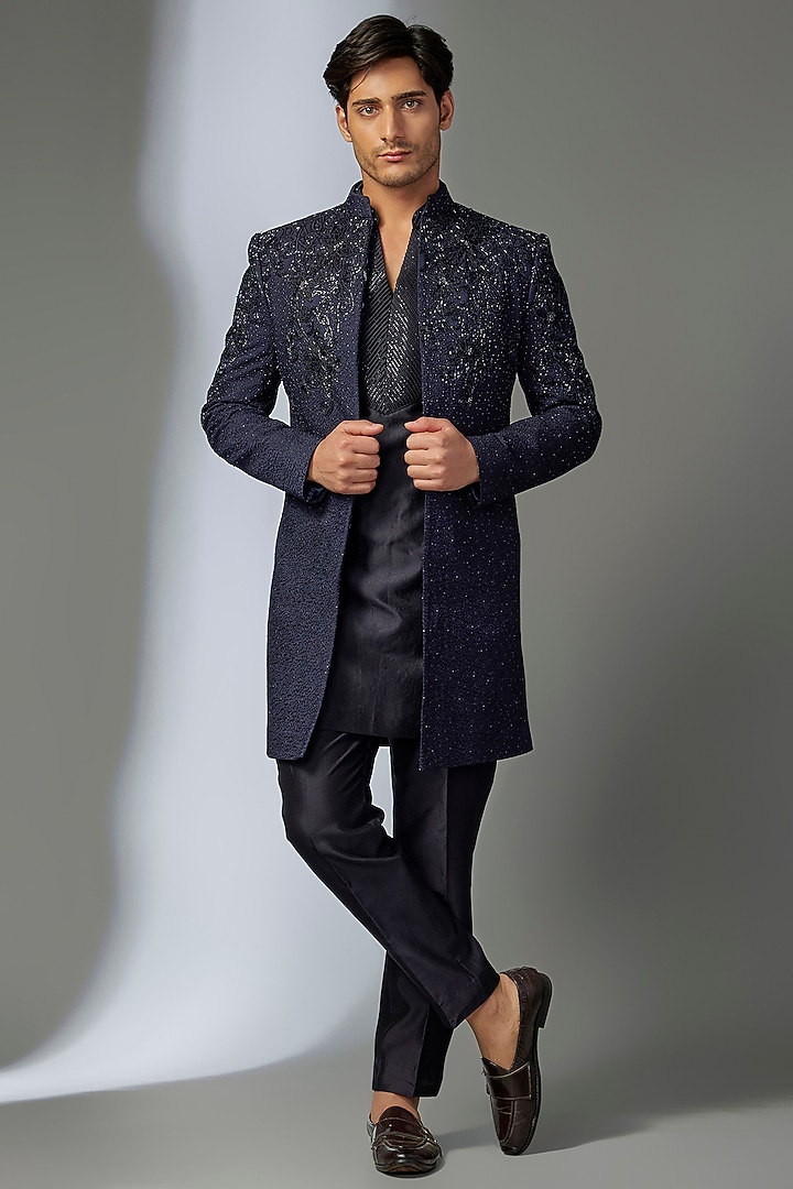 Dark Blue Dola Silk Cutdana Embroidered Groom Indowestern Set by SALIL BHATIA at Pernia's Pop Up Shop
