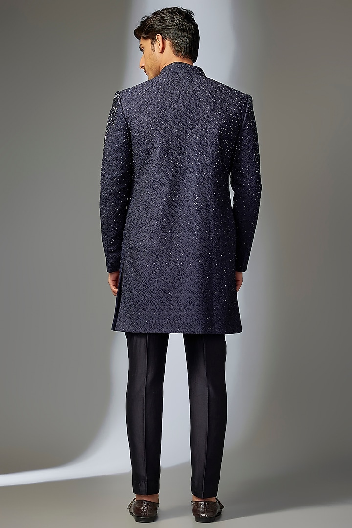 Dark Blue Dola Silk Cutdana Embroidered Groom Indowestern Set by SALIL BHATIA at Pernia's Pop Up Shop