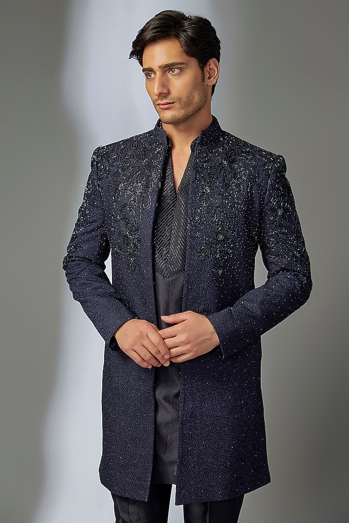 Dark Blue Dola Silk Cutdana Embroidered Groom Indowestern Set by SALIL BHATIA at Pernia's Pop Up Shop