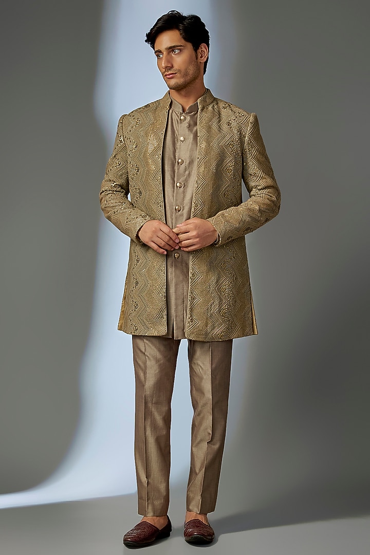 Beige Georgette Sequin Embellished Wedding Indowestern Set by SALIL BHATIA at Pernia's Pop Up Shop